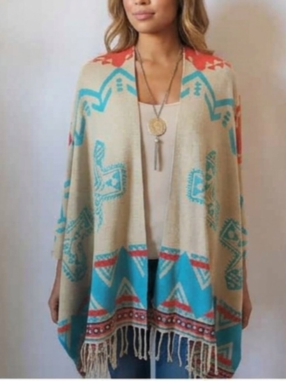 Shannie Girl Women's One Size Southwestern Aztec Print  Fringe Trim Poncho Wrap
